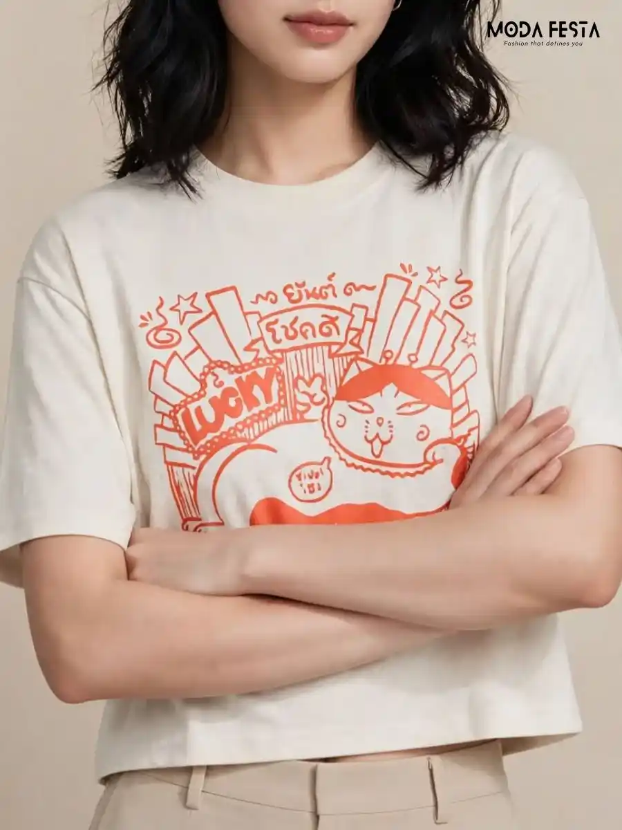 ModaFesta -orange-lucky-cat-graphic-print-crop-t-shirt