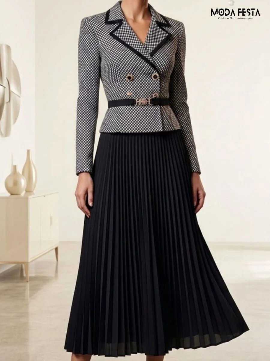 Houndstooth Pleated Blazer DressHoundstooth Pleated Blazer Dress