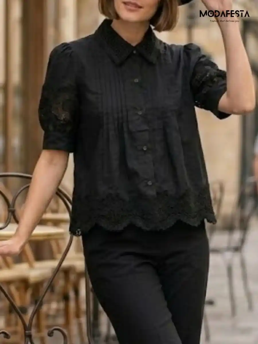 ModaFesta -elegant-puff-sleeve-cut-work-style-black