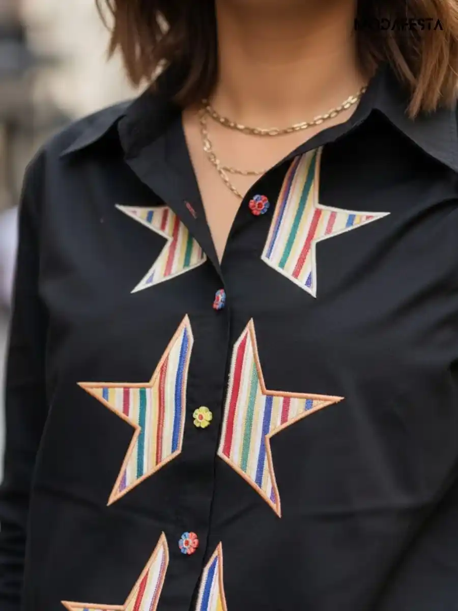 ModaFesta -elegant-rainbow-star-embroidered-shirt-black