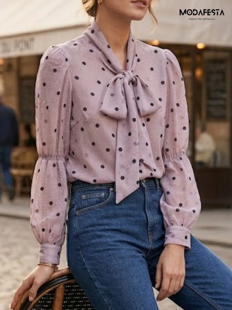 ModaFesta -elegant-chiffon-polka-dot-shirt-tie-up-neck-lilac