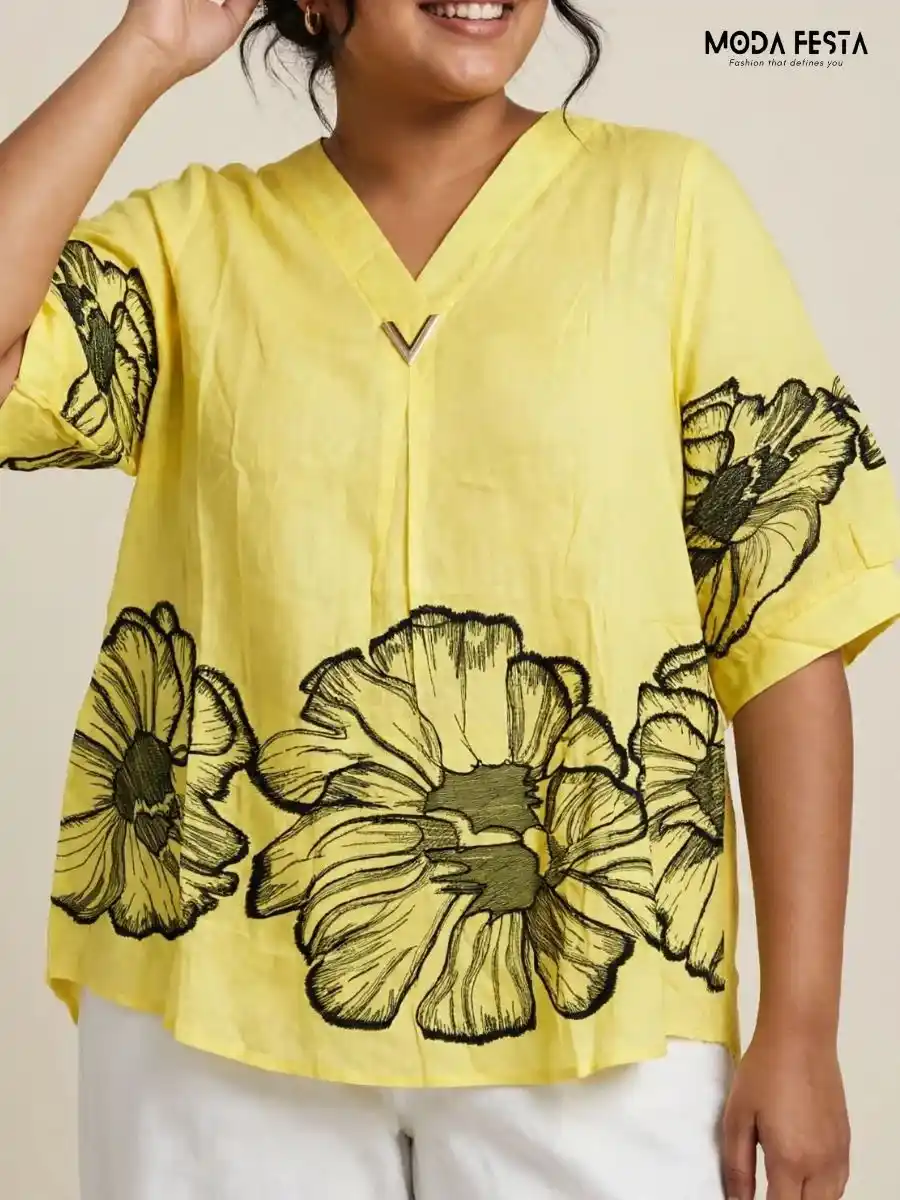 ModaFesta -yellow-oversized-floral-print-top