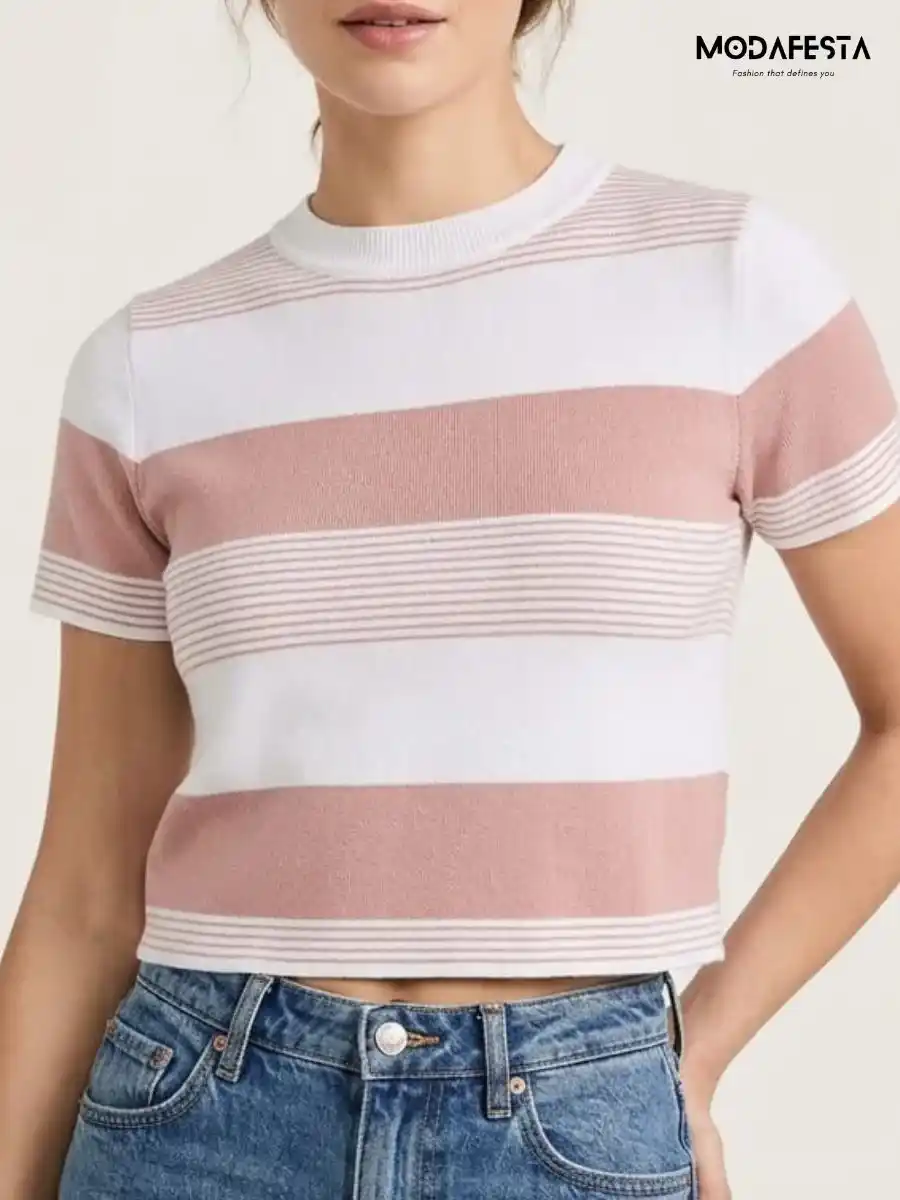 ModaFesta -elegant-pink-and-white-striped-crop-t-shirt