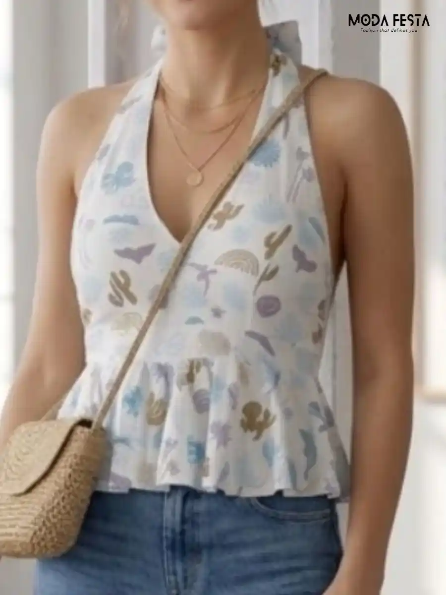 Ocean Breeze Printed Halter Peplum Top