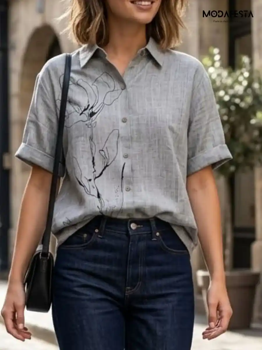 ModaFesta -classy-graphic-floral-long-linen-shirt-gery