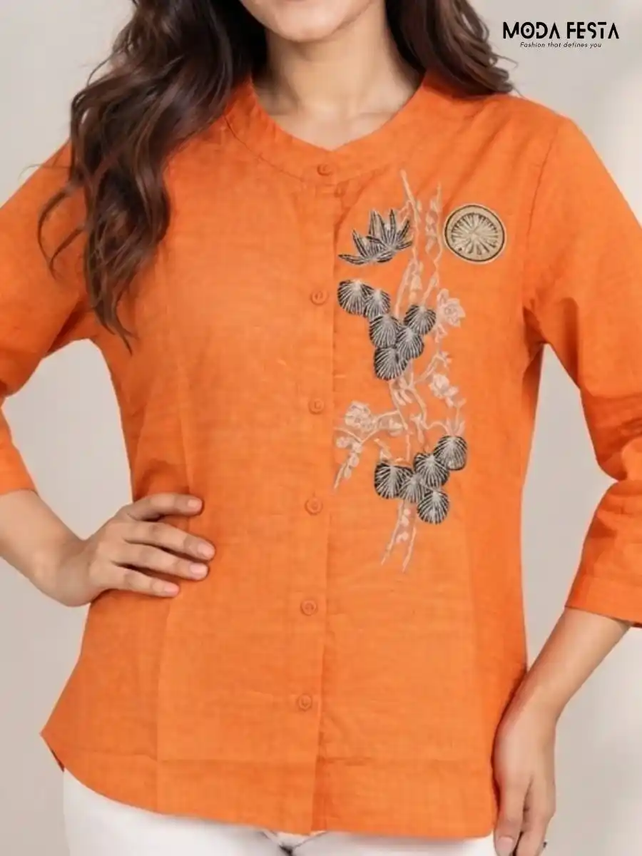 ModaFesta -orange-floral-embroidered-mandarin-collar-top