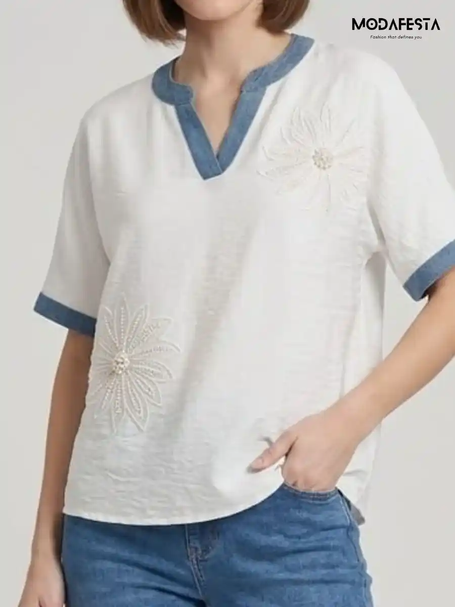 Elegant V Neck Denim Collar & Front Work