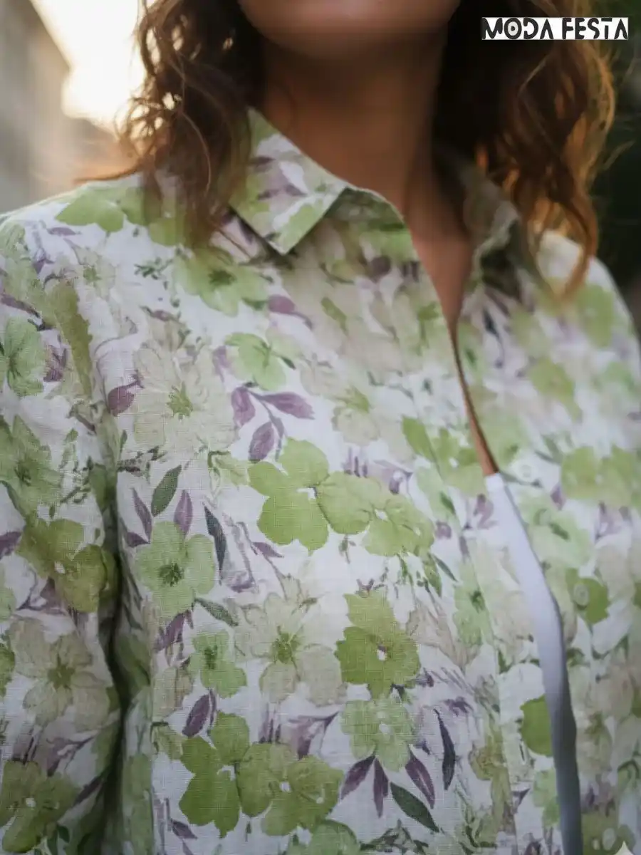 ModaFesta -elegant-floral-print-linen-shirt-green