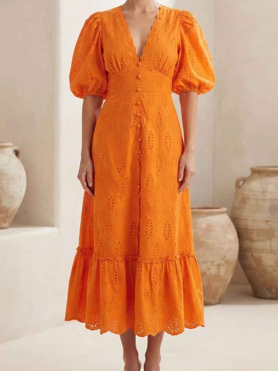 Orange Eyelet Broderie V-Neck Midi Dress