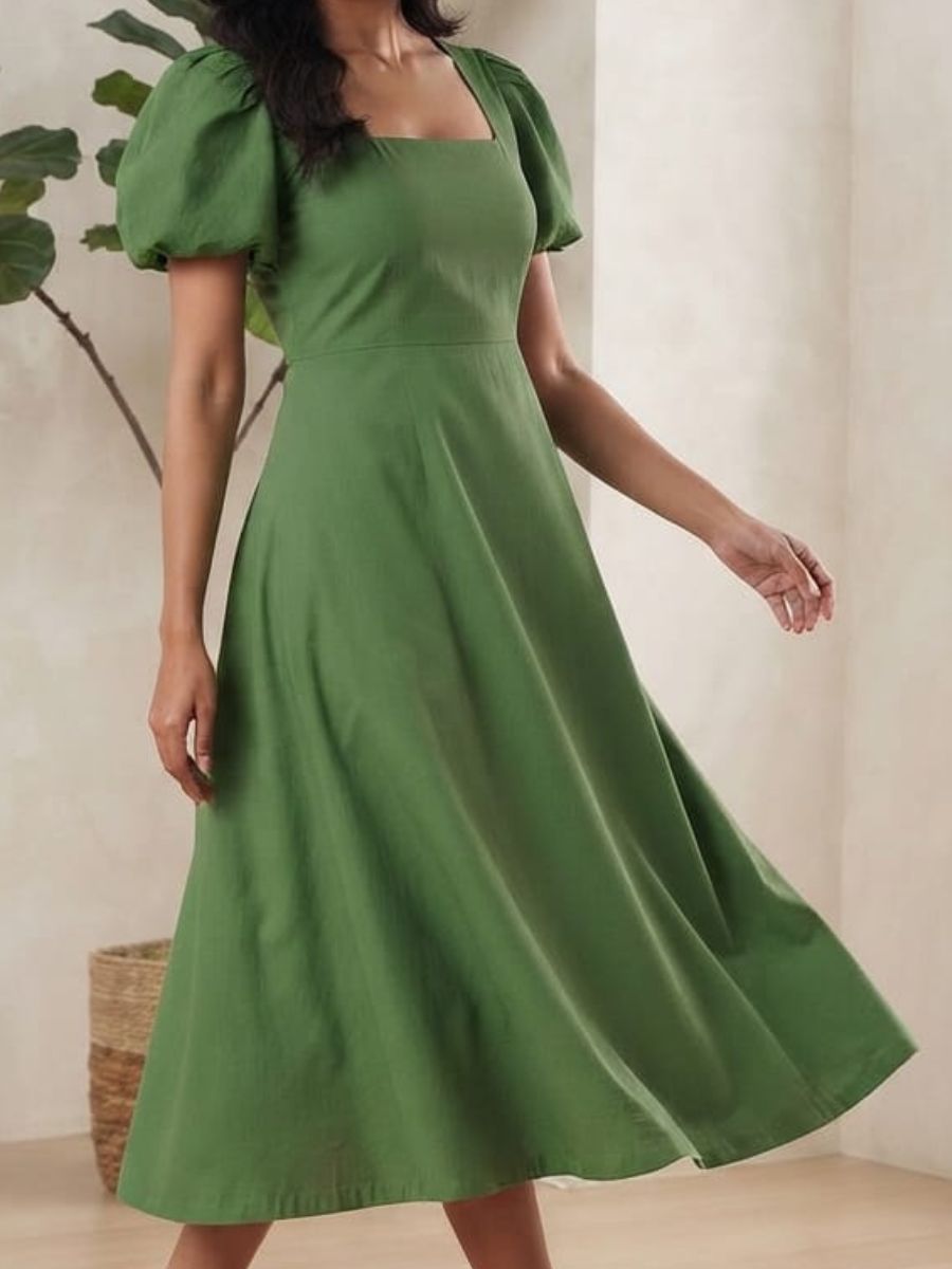ModaFesta -green-square-neck-puff-sleeve-midi-dress