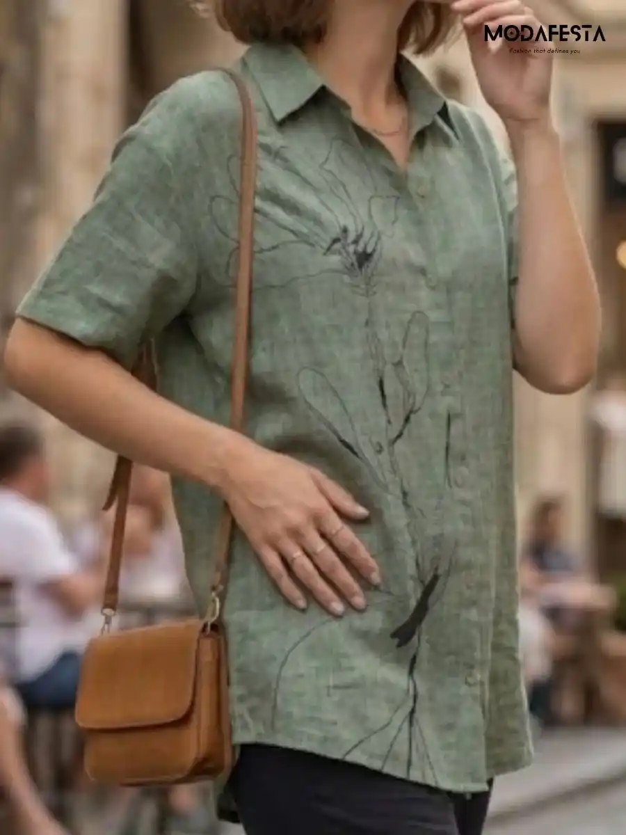 ModaFesta -classy-graphic-floral-long-linen-shirt-green
