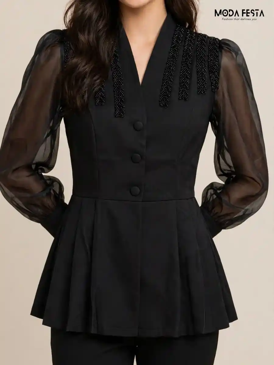 ModaFesta -black-beaded-mandarin-v-neck-organza-sleeve-peplum-top