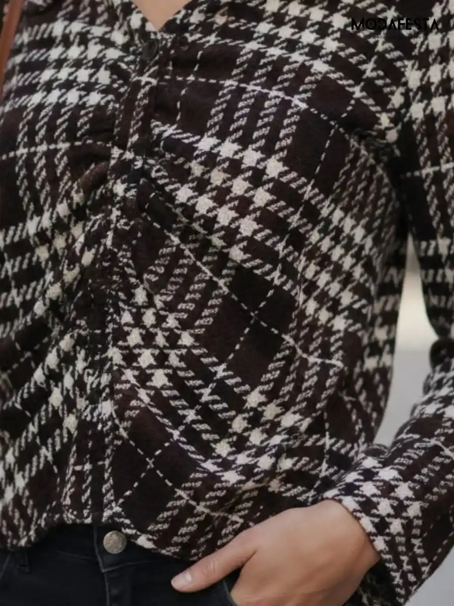 ModaFesta -elegant-brown-checked-collared-top