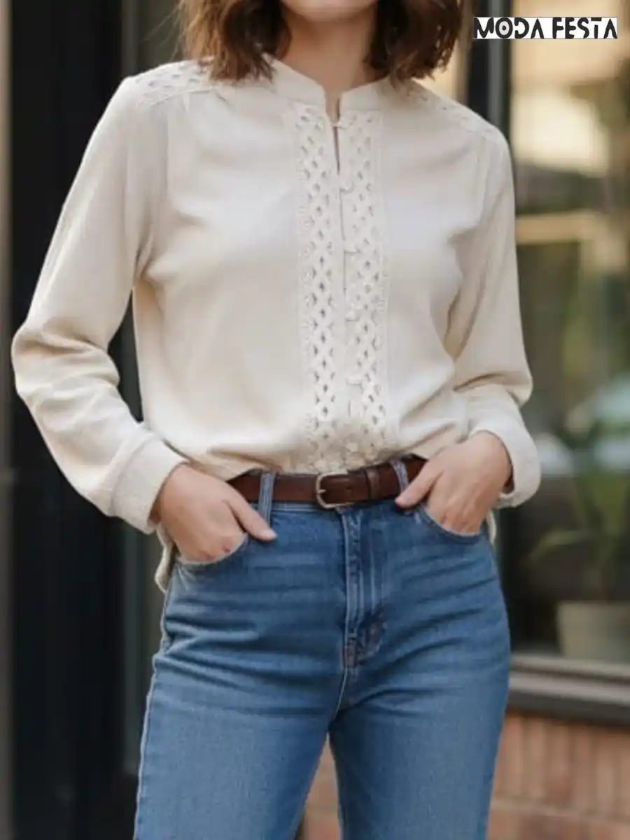 ModaFesta -elegant-cream-lace-pattern-shirt-beige