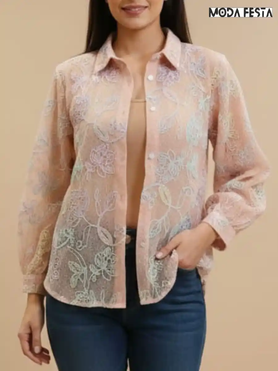 Trendy Embroidered Lace Shirt