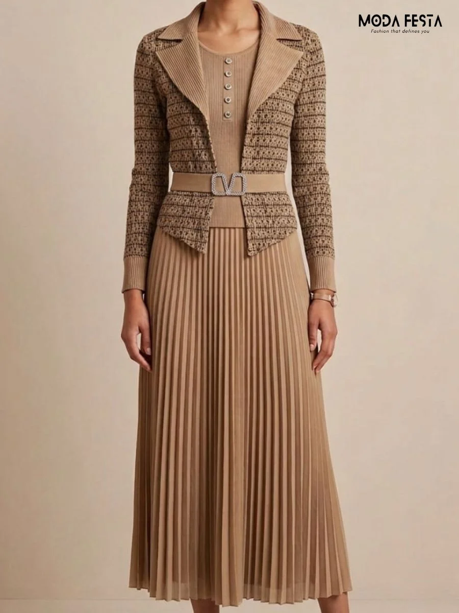 Clara Geometric-Knit Cardigan & Pleated Skirt Set