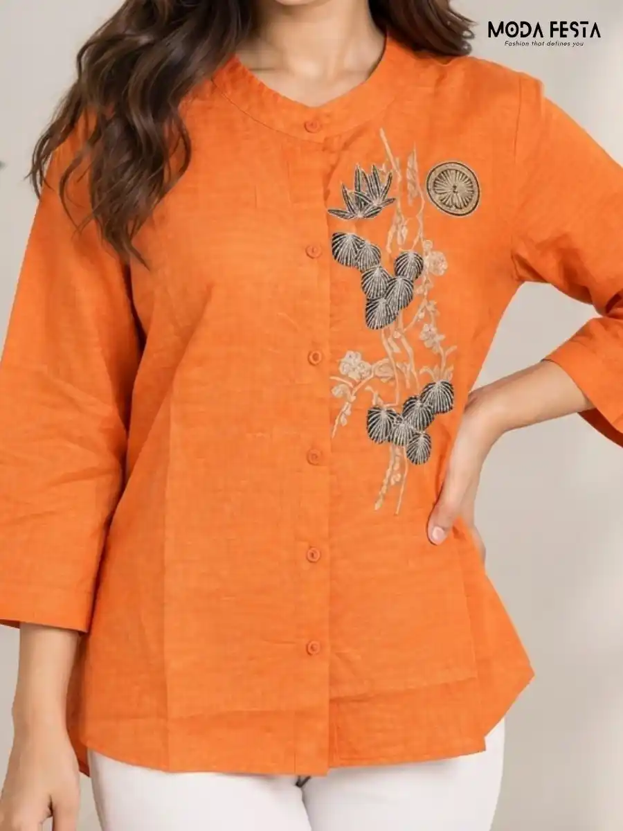 ModaFesta -orange-floral-embroidered-mandarin-collar-top
