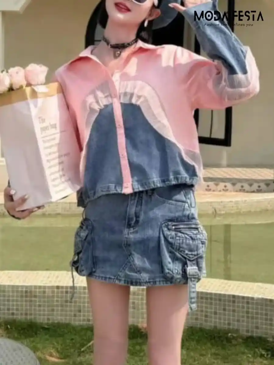ModaFesta -elegant-half-denim-style-crop-shirt-peach