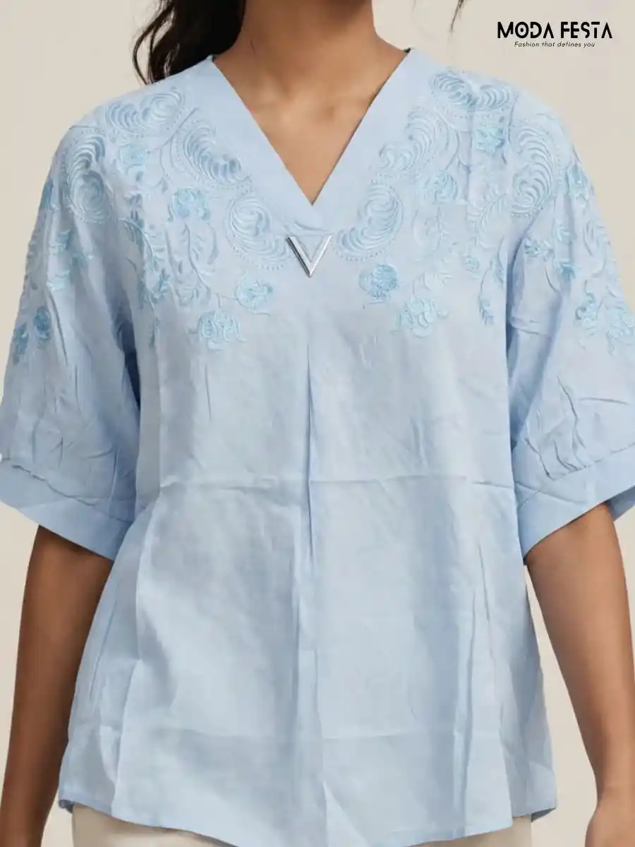 Light Blue Embroidered V-Neck Top