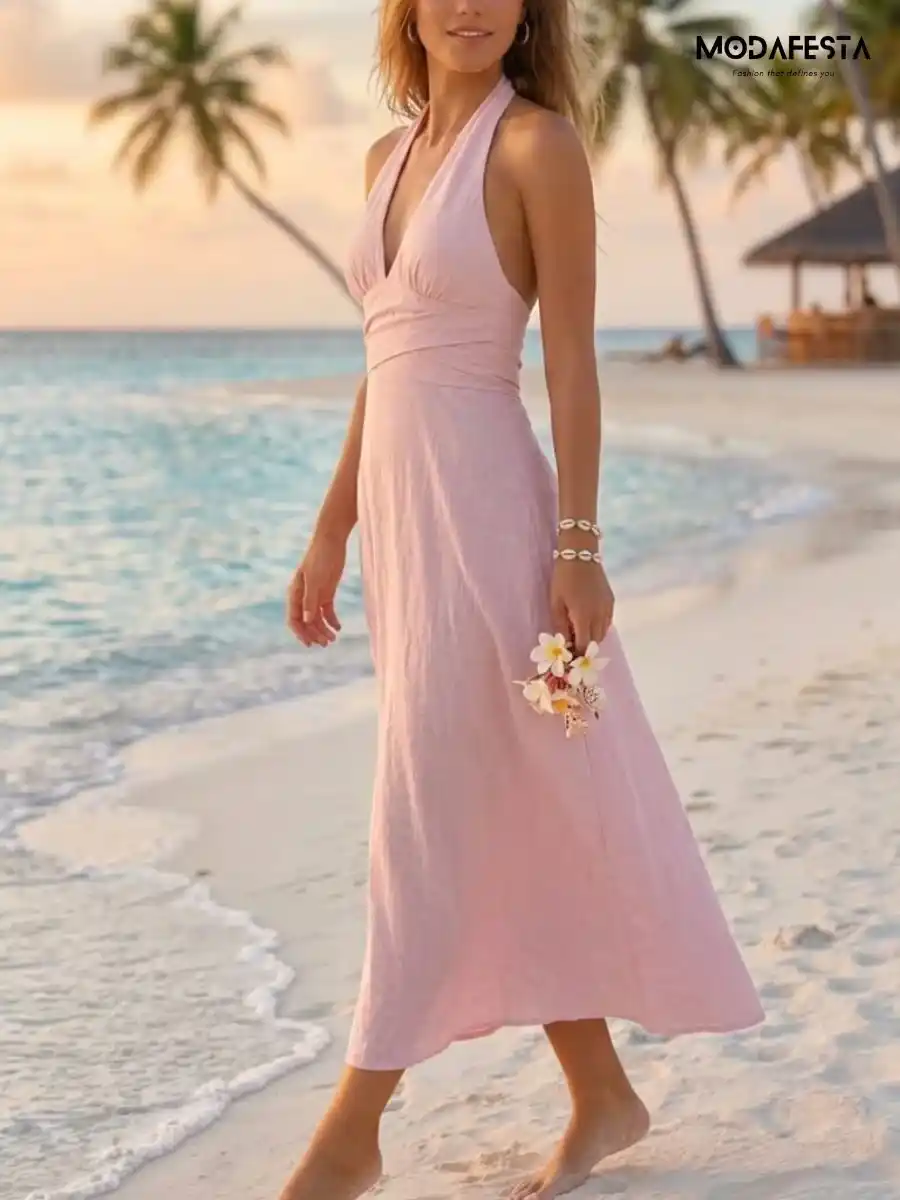 ModaFesta -elegant-cotton-halter-neck-maxi-dress-pink