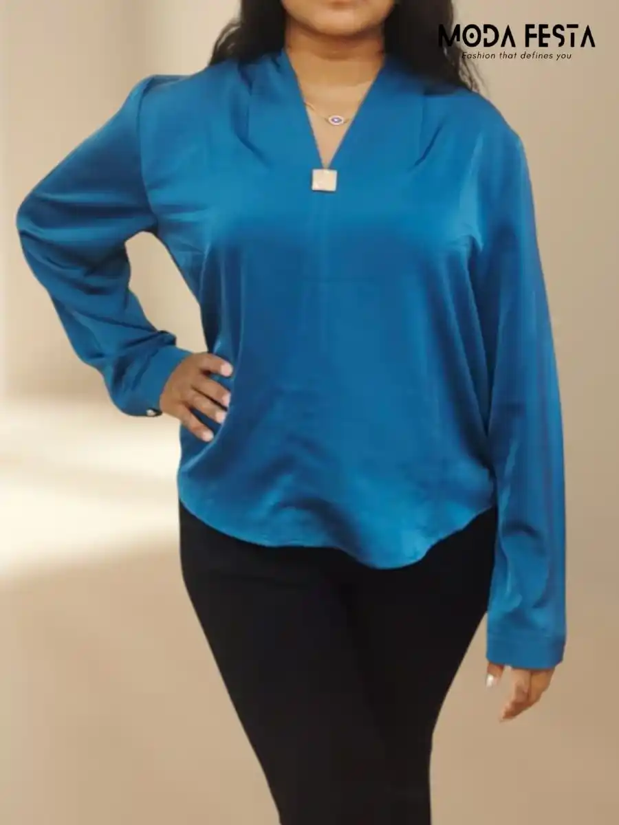 ModaFesta -elegant-v-neck-satin-top-teal-blue