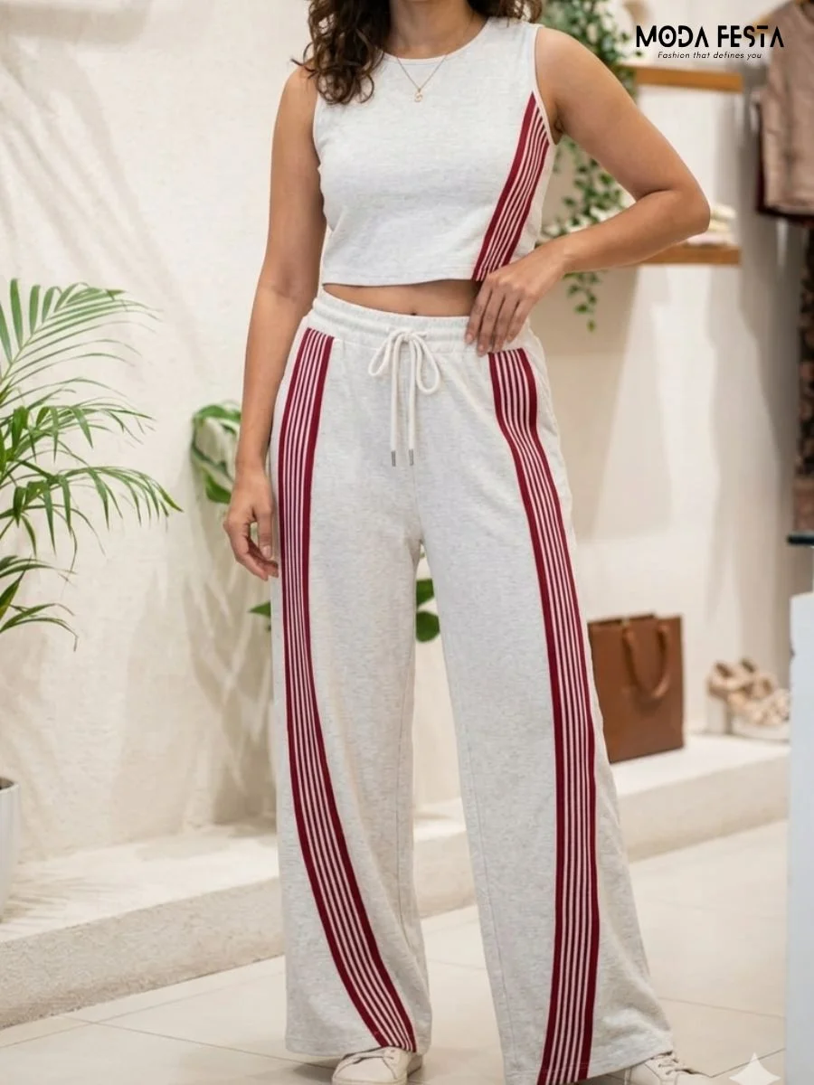 women athleisure co-ord set, sleeveless crop top and matching wide-leg trouser set with side-stripe
