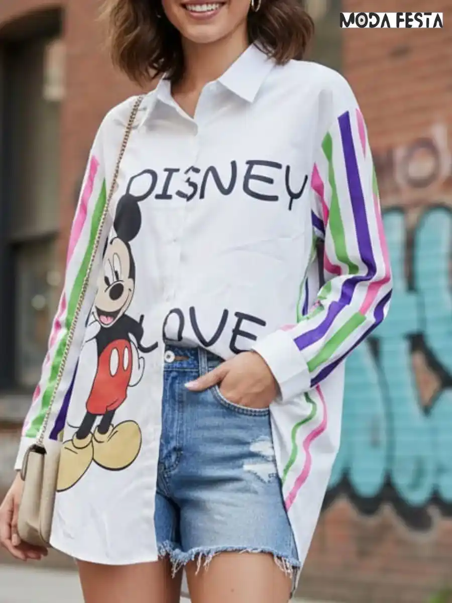 Elegant Disney Print Stripes Shirt