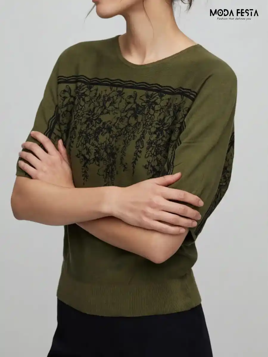 ModaFesta -olive-green-floral-printed-knit-top