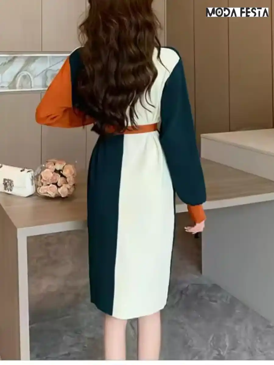 ModaFesta -knit-color-block-patchwork-dress-beige