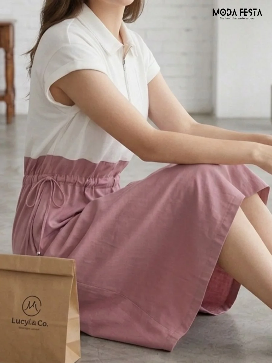 ModaFesta -polo-collar-shirt-dress-or-casual-drawstring-midi-mini-dress