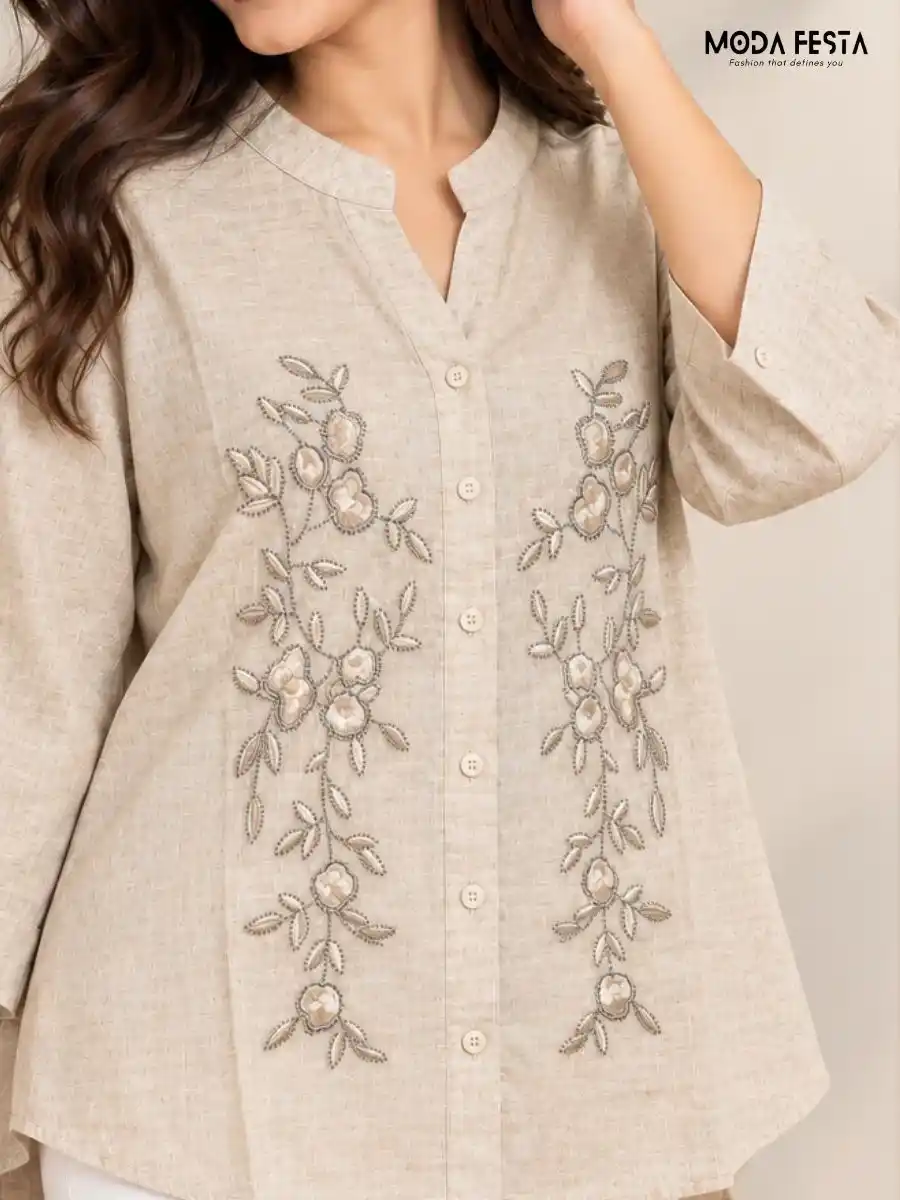 Elegant Embroidered Mandarin Collar Top