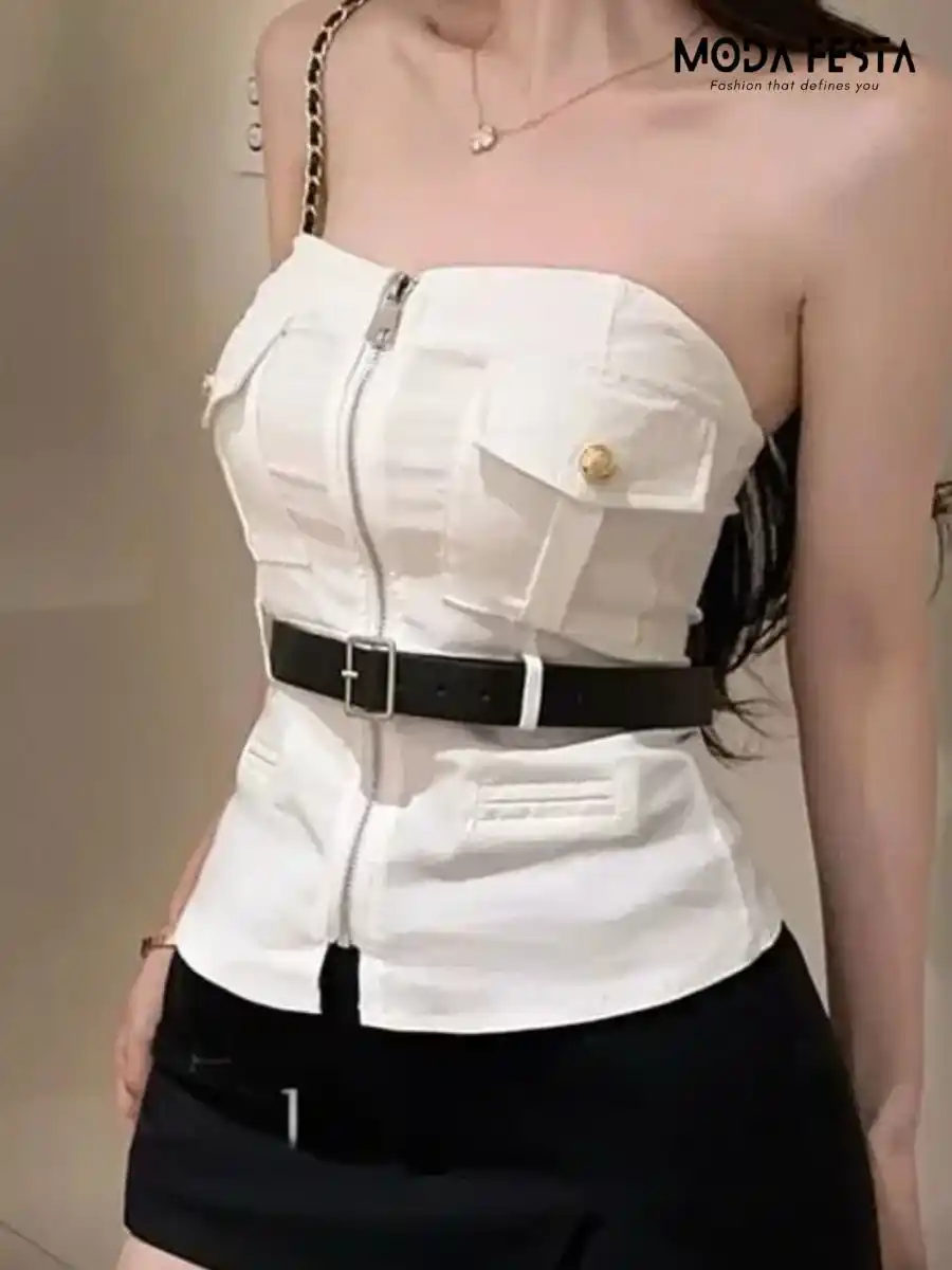 ModaFesta -elegant-tube-top-with-belt-white