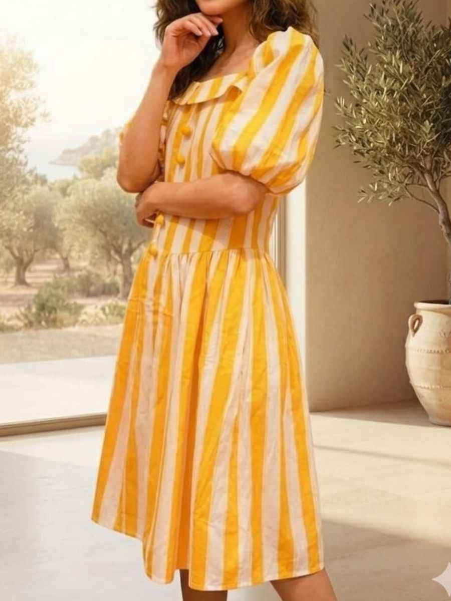 ModaFesta -yellow-white-striped-puff-sleeve-midi-dress