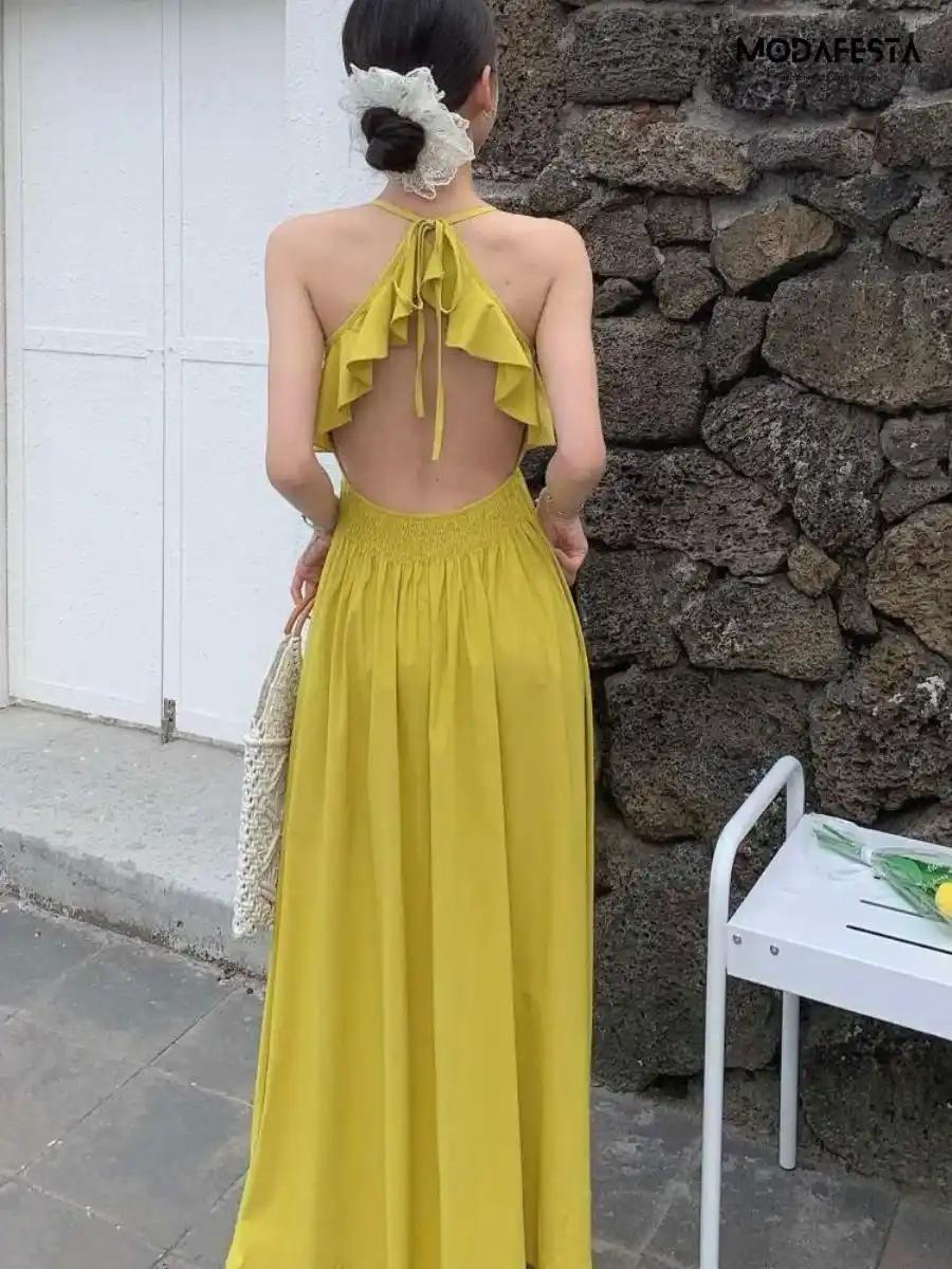 ModaFesta -elegant-backless-plain-maxi-dress-neon-green