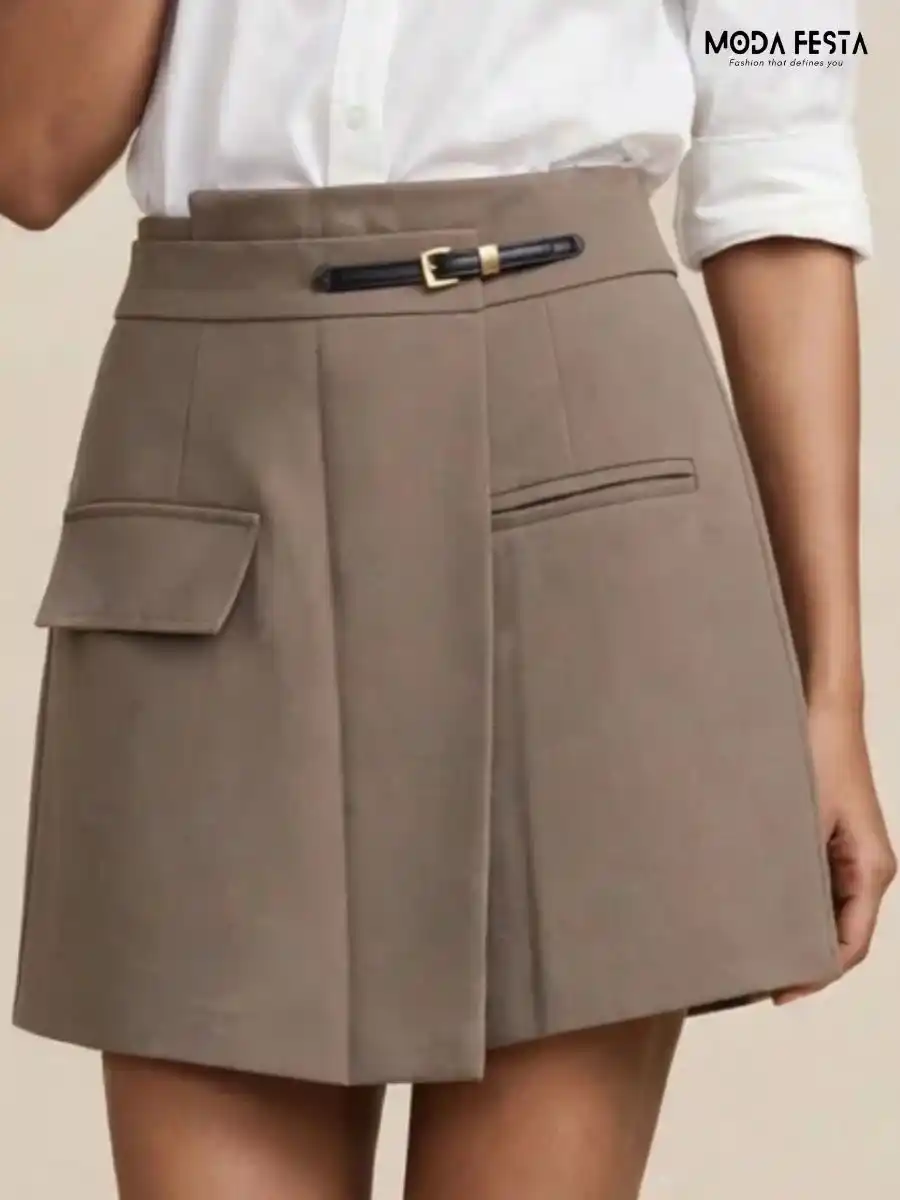 ModaFesta -taupe-faux-suede-belted-skort-with-pocket-detail