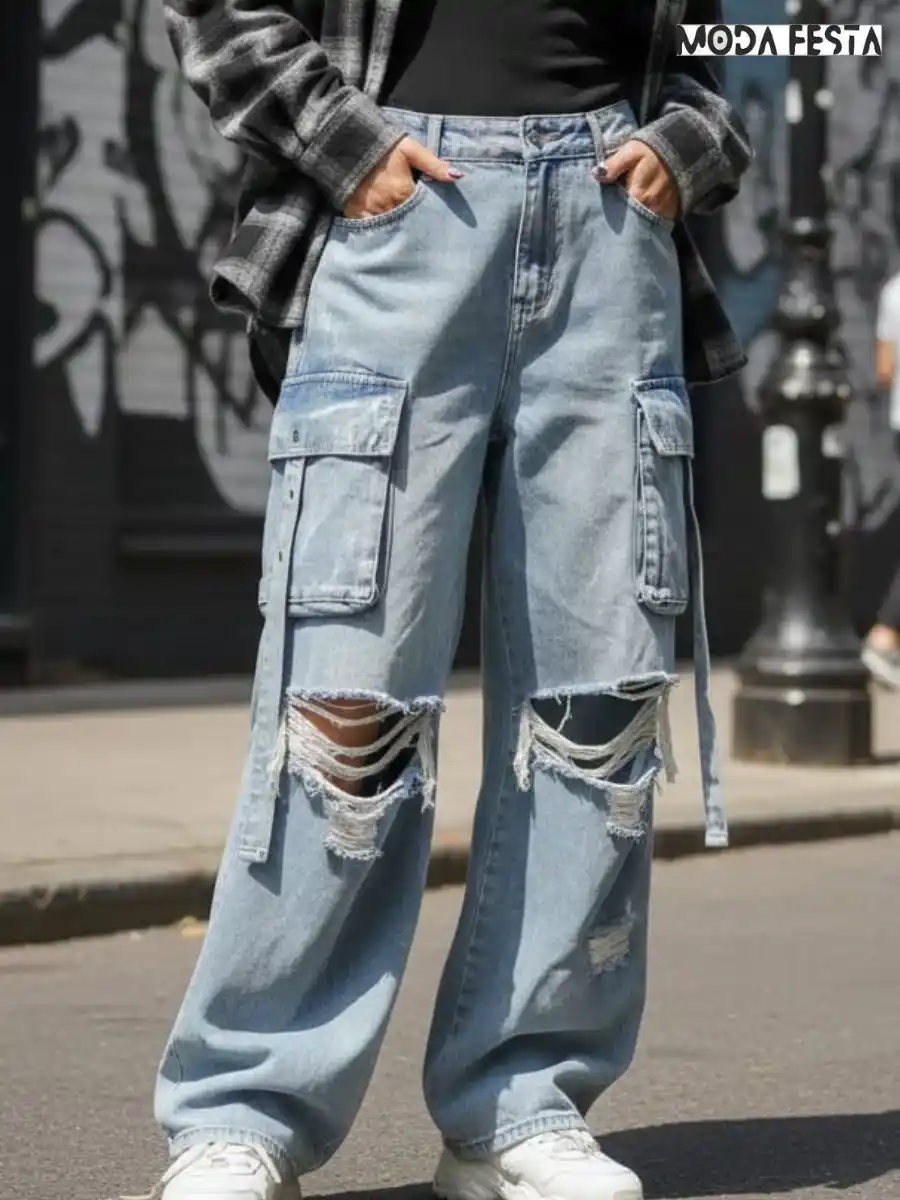 ModaFesta -elegant-silver-shine-cargo-denim-jeans-blue