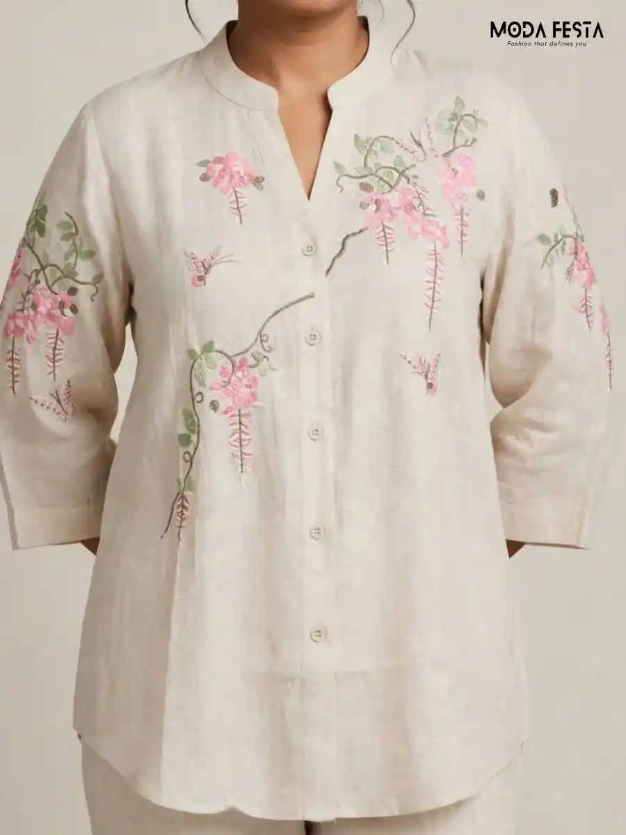 ModaFesta -beige-floral-and-butterfly-embroidered-casual-shirt