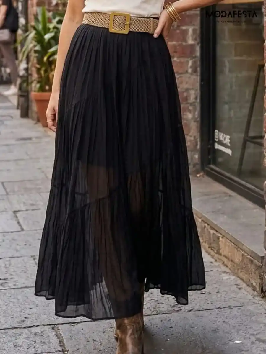ModaFesta -elegant-cotton-long-skirt-with-belt-black