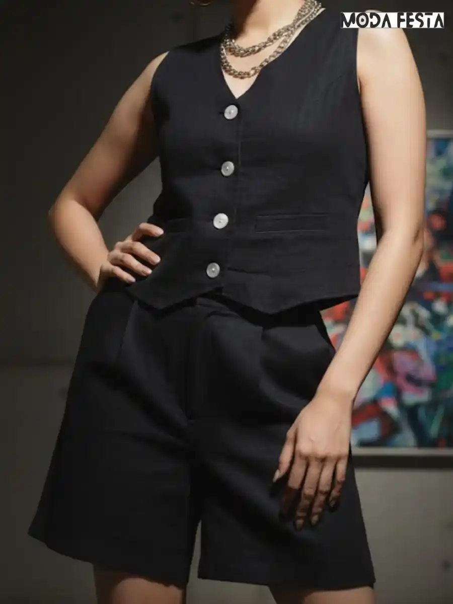 ModaFesta -elegant-waistcoat-short-coord-set-black