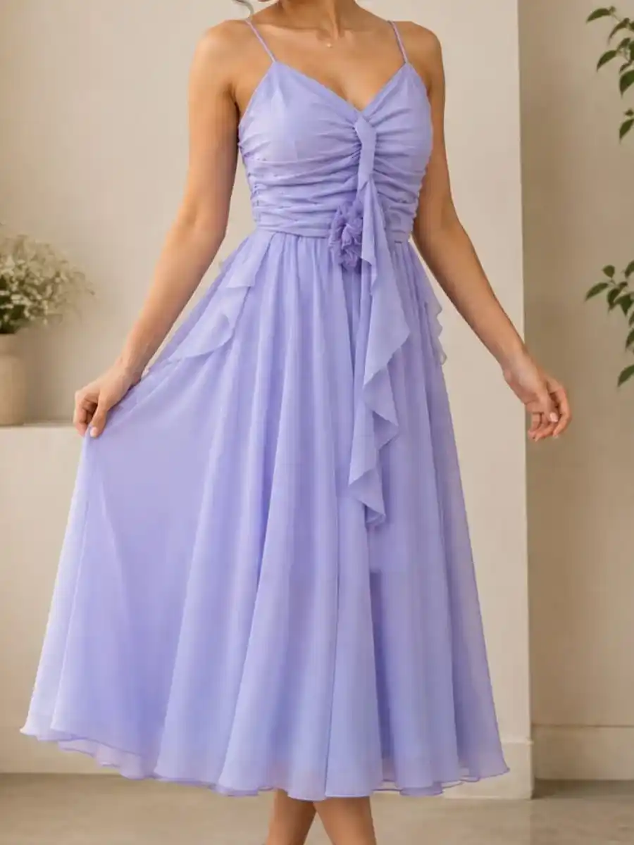 ModaFesta -lavender-chiffon-ruched-midi-dress