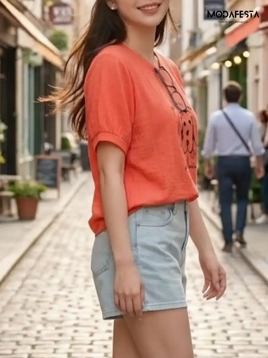 ModaFesta -elegant-dog-print-graphic-top-orange