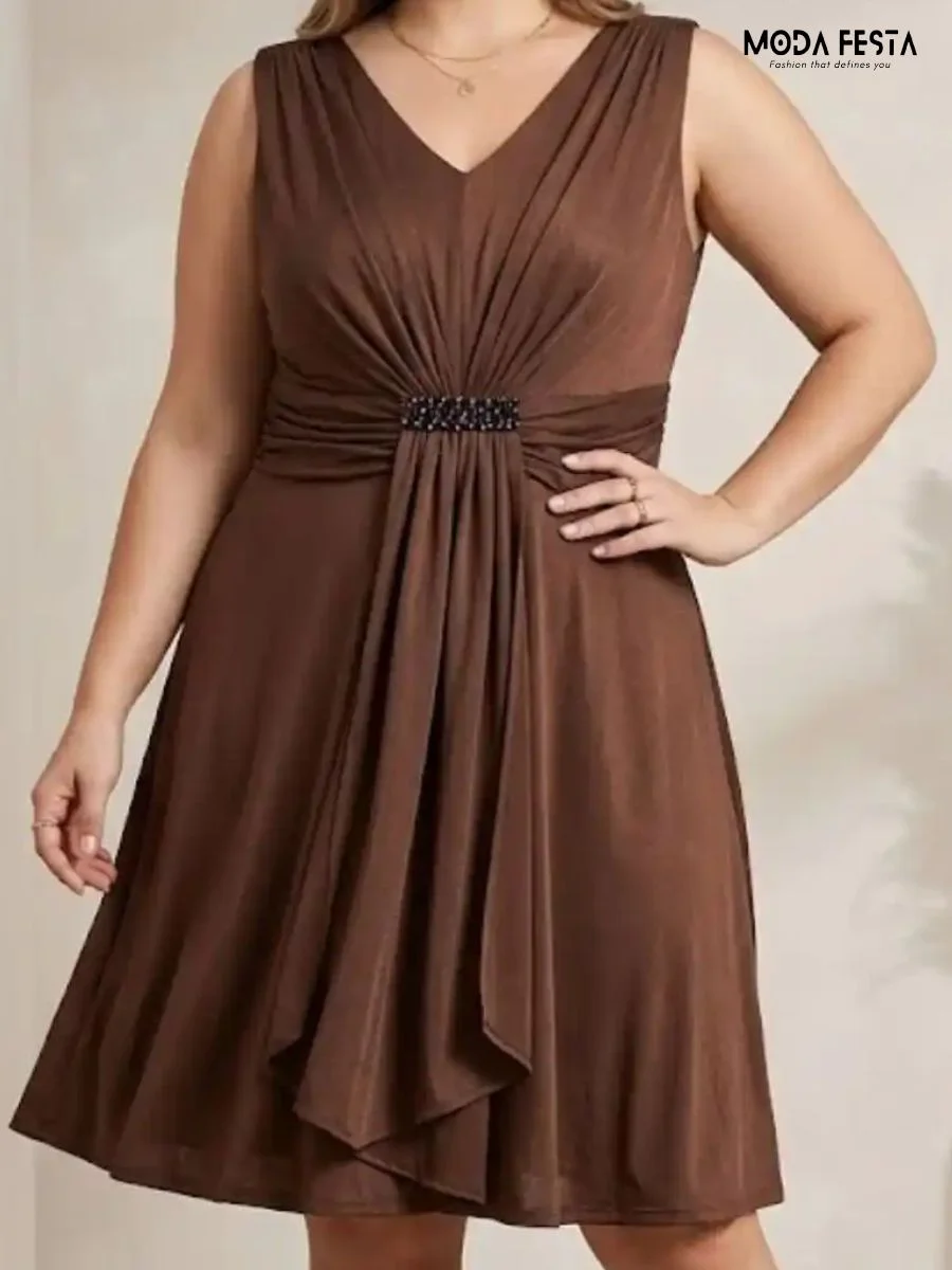 V-neck Ruched Empire Waist Cocktail Dress.