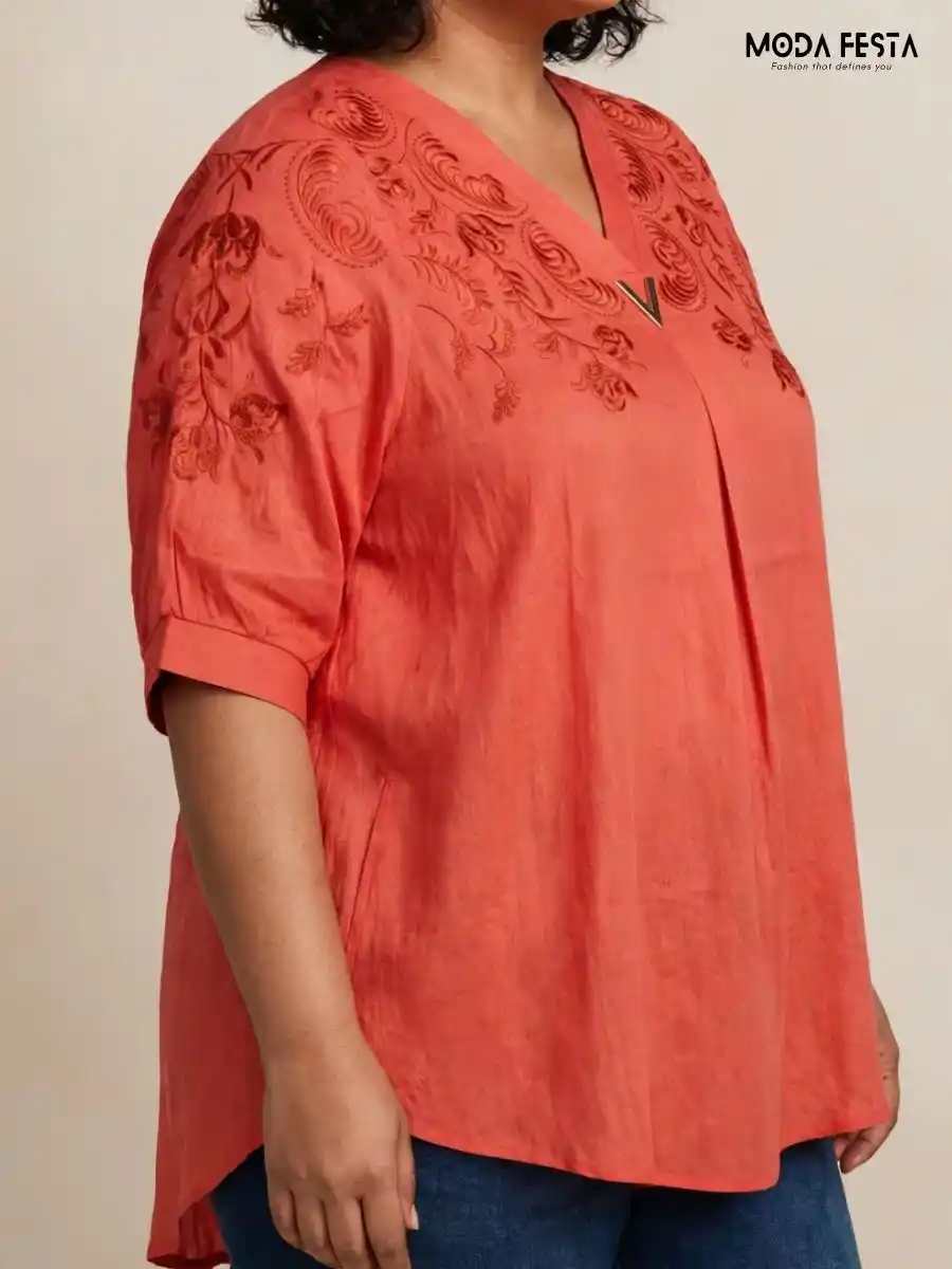 ModaFesta -coral-embroidered-v-neck-top