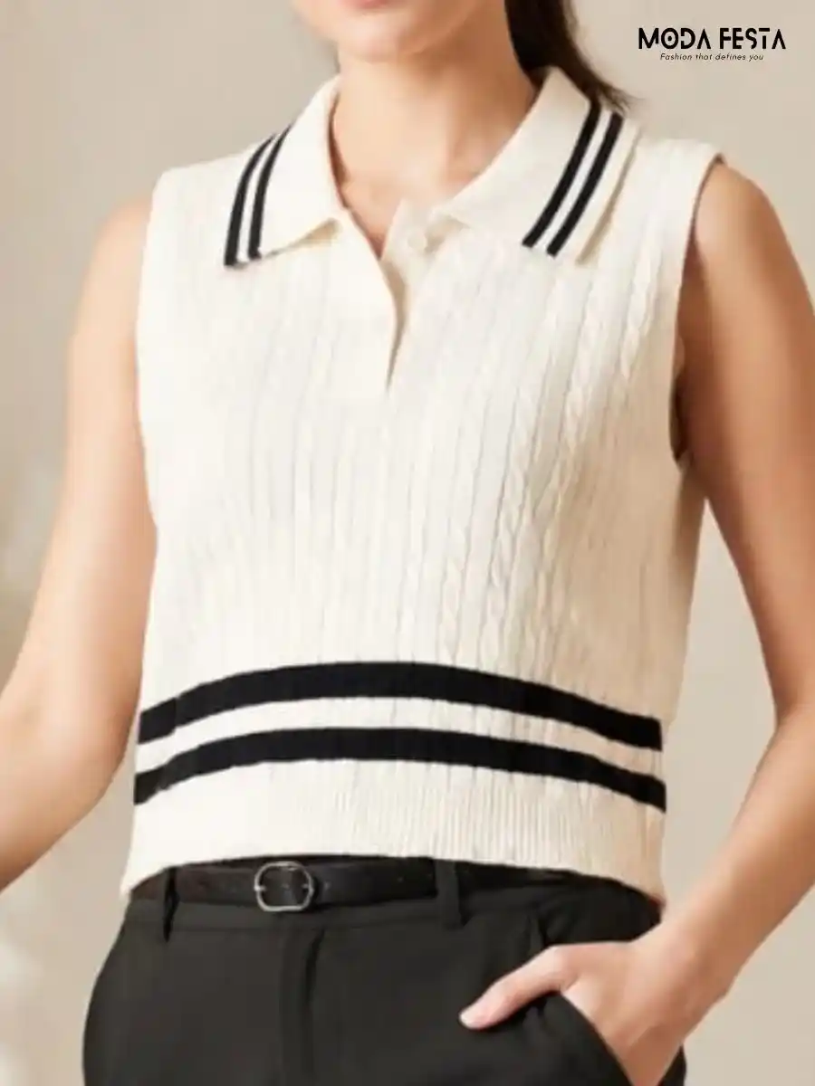 ModaFesta -cream-black-striped-cable-knit-sleeveless-polo-top