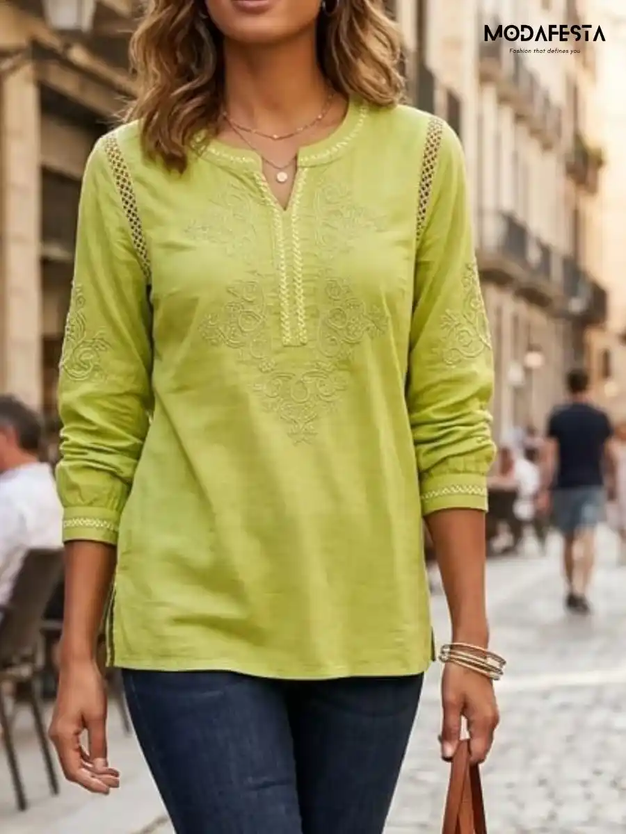 ModaFesta -elegant-embroidered-v-neck-top-sequin-green