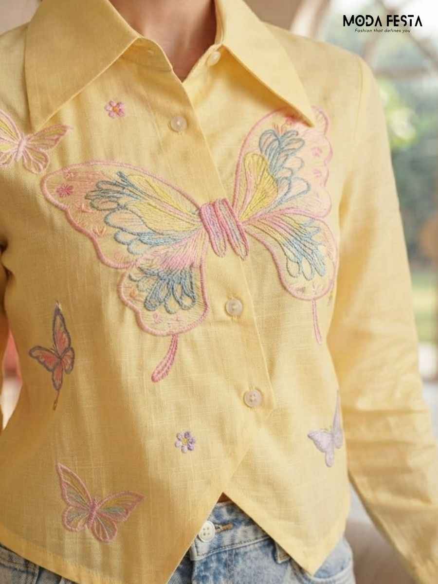 ModaFesta -pastel-yellow-butterfly-embroidered-shirt