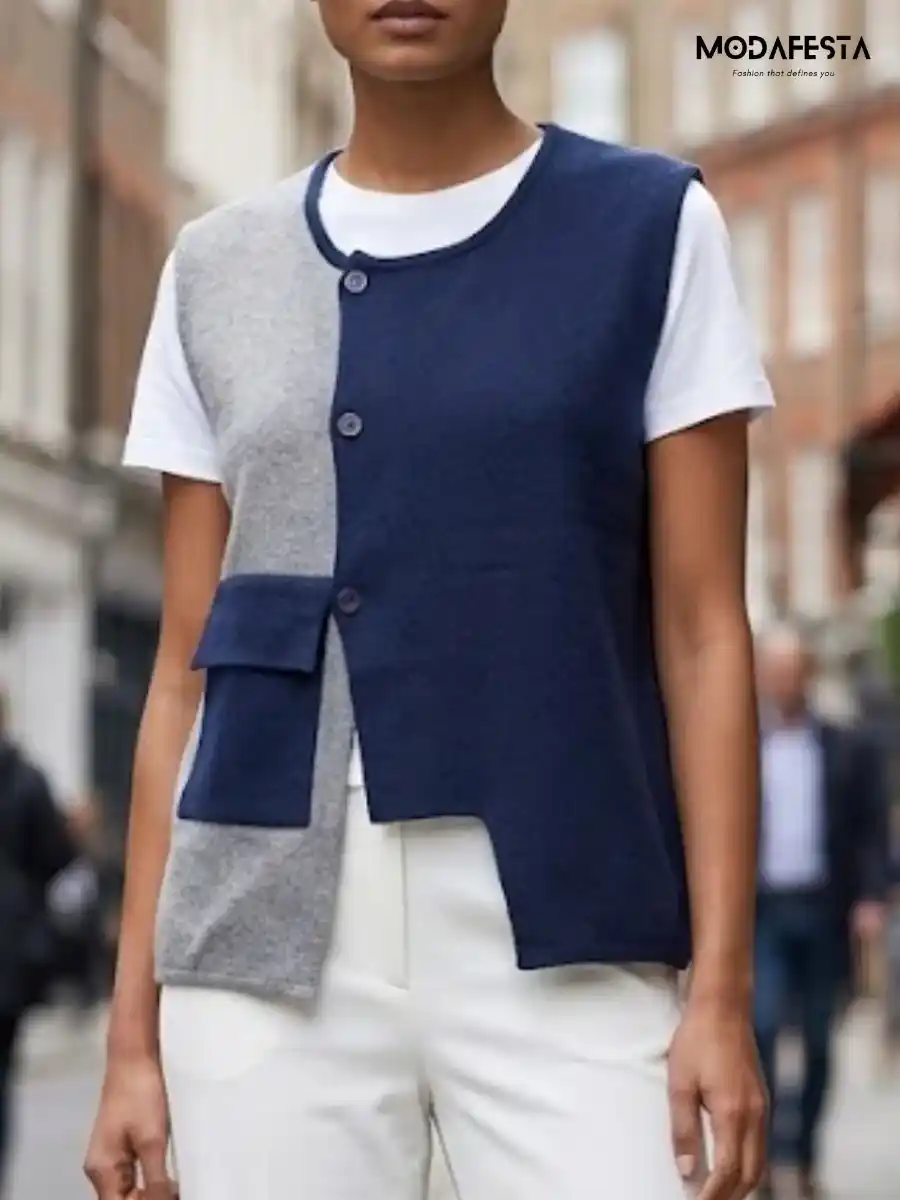 ModaFesta -elegant-knit-vest-two-tone-design-top-navy-blue