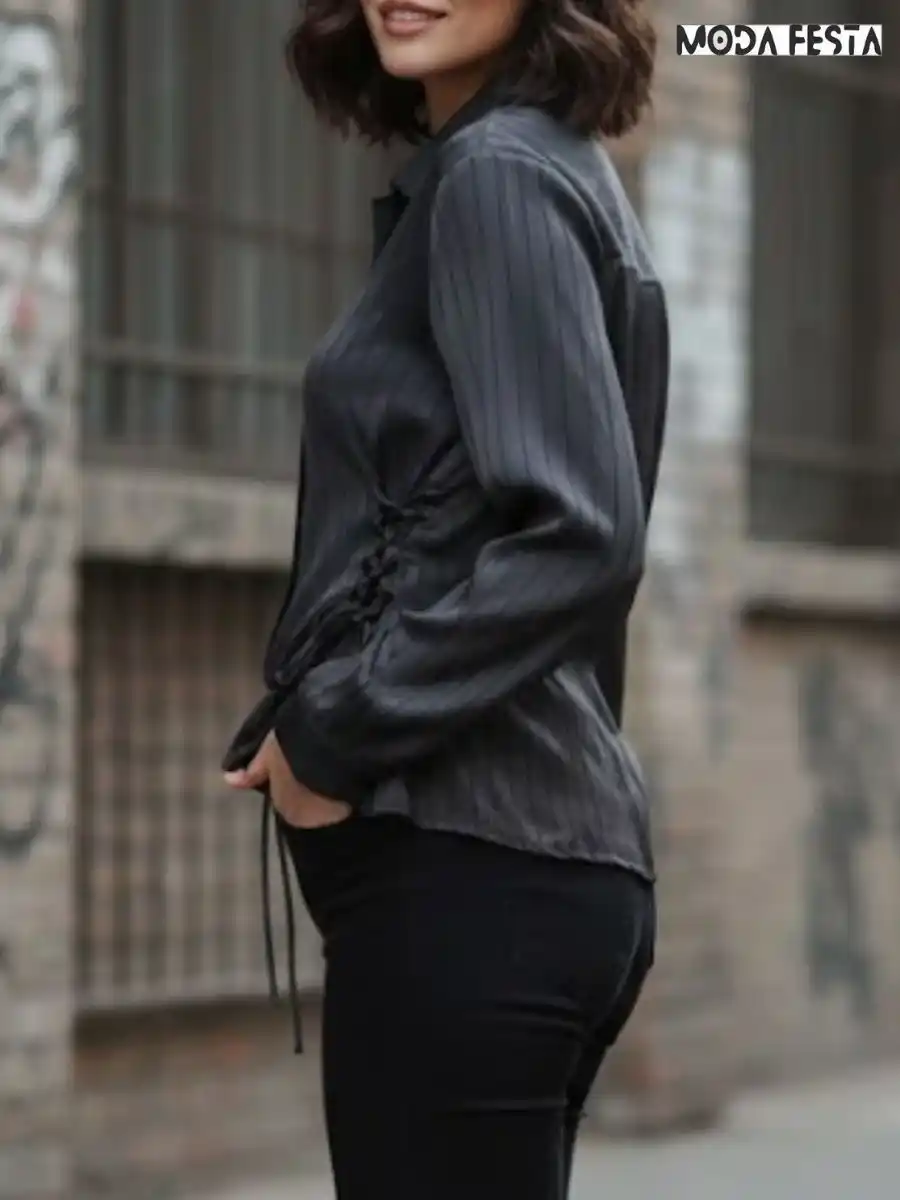 ModaFesta -trendy-black-stripe-shirt-side-tie-up