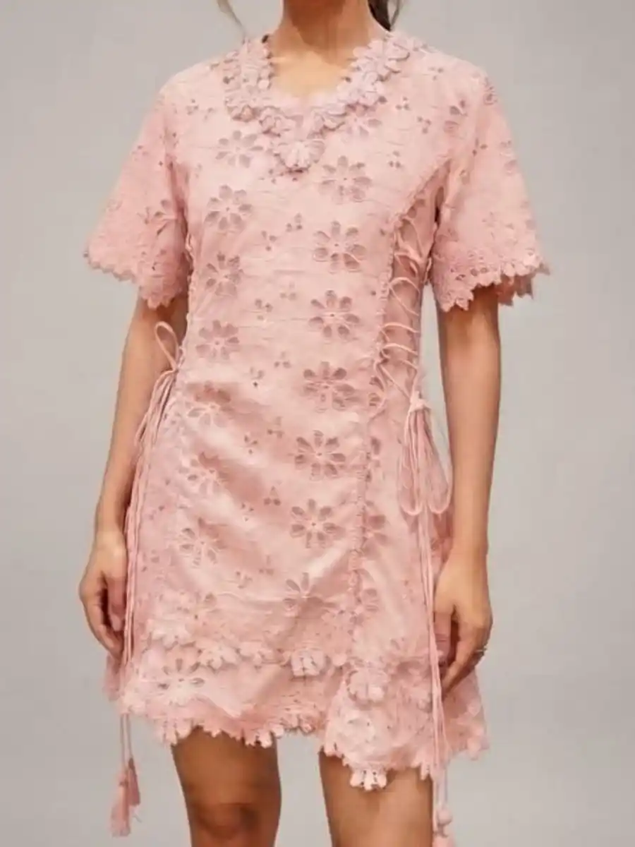 ModaFesta -blush-floral-embroidered-lace-up-mini-dress
