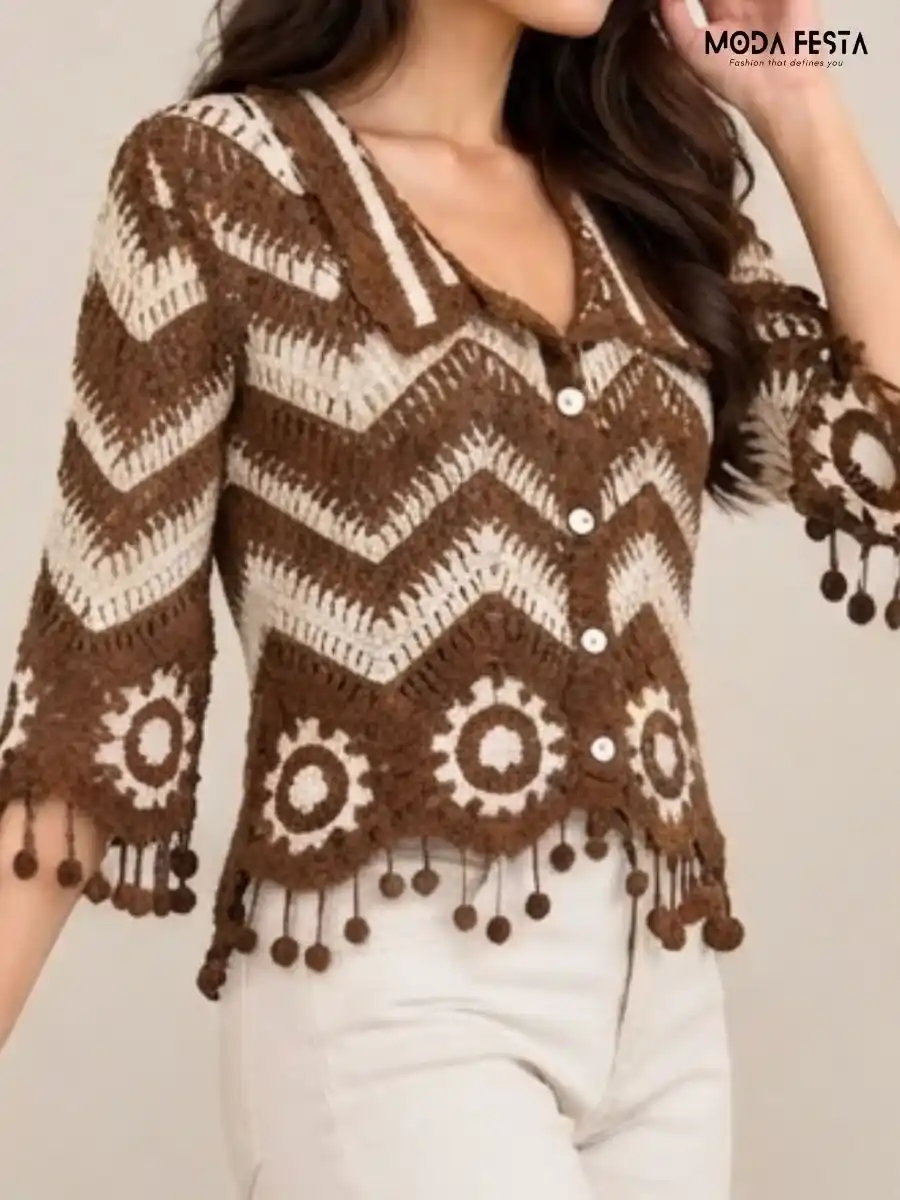 ModaFesta -brown-cream-chevron-crochet-knit-top
